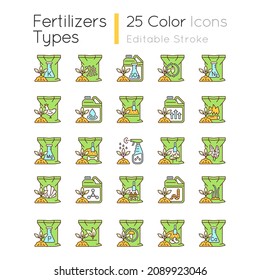 Fertilizers type RGB color icons set. Organic, chemical supplements. Soil, plants additives. Growth increasing. Isolated vector illustrations. Simple filled line drawings collection. Editable stroke