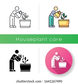 Fertilizing seedling icon. Feeding sapling. Houseplant care. Plant growing, planting. Indoor gardening. Growth supplements, amendments. Linear black and RGB color styles. Isolated vector illustrations