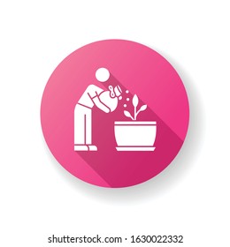 Fertilizing seedling pink flat design long shadow glyph icon. Feeding sapling. Houseplant care. Planting process. Indoor gardening. Growth supplements, amendments. Silhouette RGB color illustration