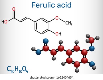 Ferulic acid, coniferic acid, C10H10O4 molecule. It is phenolic acid, an antioxidant, an anti-inflammatory agent, an apoptosis inhibitor, a cardioprotective agent. Vector illustration