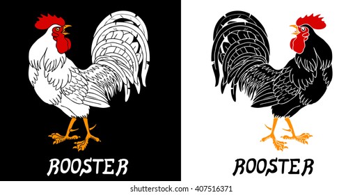 Fervent black and white roosters (fiery cock, chicken a symbol of the Chinese new year 2017). Vector illustration.