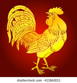 Fervent gold rooster on red background. Fiery red cock symbol of the Chinese new year 2017.