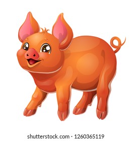 The fervent playful red little pig Duroc breed rejoices standing on four legs. A cartoon vector illustration isolated on white.