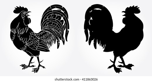 Fervent rooster black silhouette on white background. Fiery red cock symbol of the Chinese new year 2017.