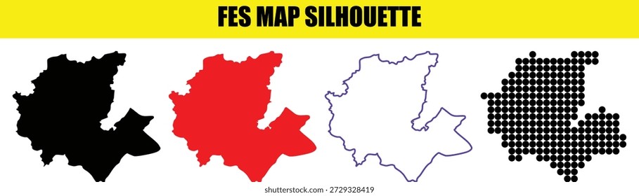Esquema del mapa de la ciudad de Fez, forma negra llena, forma llena roja, forma de línea azul, forma punteada. Elementos gráficos para el diseño.