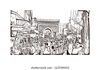 Fes el Bali is the oldest walled part of Fez, Morocco. Hand drawn sketch illustration in vector.