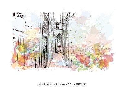 Fes el Bali is the oldest walled part of Fez, Morocco. Watercolor splash with Hand drawn sketch illustration in vector.