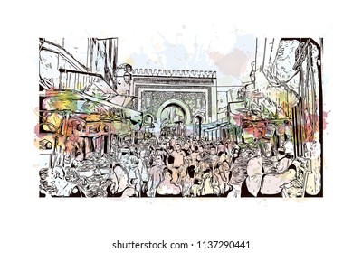 Fes el Bali is the oldest walled part of Fez, Morocco. Watercolor splash with Hand drawn sketch illustration in vector.