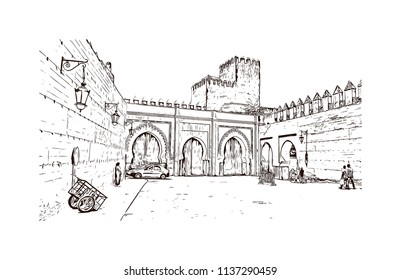 Fes el Bali is the oldest walled part of Fez, Morocco. Hand drawn sketch illustration in vector.