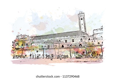 Fes el Bali is the oldest walled part of Fez, Morocco. Watercolor splash with Hand drawn sketch illustration in vector.