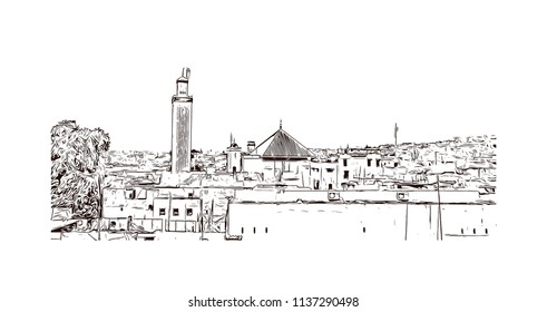 Fes el Bali is the oldest walled part of Fez, Morocco. Hand drawn sketch illustration in vector.