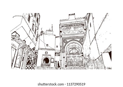 Fes el Bali is the oldest walled part of Fez, Morocco. Hand drawn sketch illustration in vector.