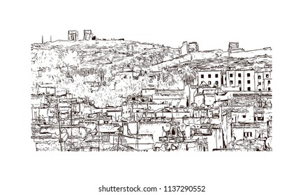 Fes el Bali is the oldest walled part of Fez, Morocco. Hand drawn sketch illustration in vector.
