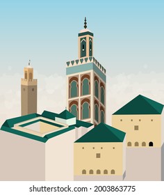 Fes landscape, panorama of the old Moroccan city, vector illustration