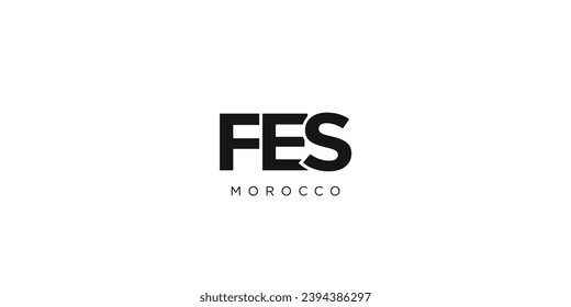 Fes in the Morocco emblem for print and web. Design features geometric style, vector illustration with bold typography in modern font. Graphic slogan lettering isolated on white background.