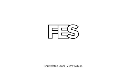 Fes in the Morocco emblem for print and web. Design features geometric style, vector illustration with bold typography in modern font. Graphic slogan lettering isolated on white background.