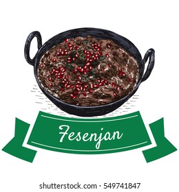 Fesenjan colorful illustration. Vector illustration of Persian cuisine.