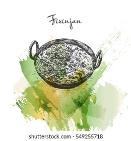 Fesenjan watercolor effect illustration. Vector illustration of Persian cuisine.