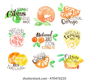 Fesh Citrus Juice Promo Signs Colorful Set Of Watercolor Stylized Logo With Text On White Background