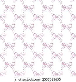 Fesive coquette pink bows vector seamless pattern in retro vintage style on transparent background for wallpaper background, fabric design, scrapbooking. Flat pink girly illustrations 