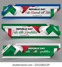 Fessta nazionle dell' Italia=National holiday of Italy; Festa della Republica=Republic Day. Holiday design of web banners with handwriting texts and flag of Italy for national day, Republic day