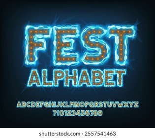 Fest alphabet font. Distorted neon color letters and numbers. Stock vector typescript for your design.