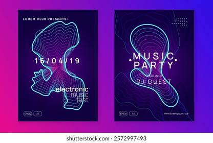 Fest Background. Night Club Festival Element. Discotheque Flyer. Psychedelic Audio Illustration. Violet Edm Set. Blue Party Design. Trance Invite. Green Fest Background