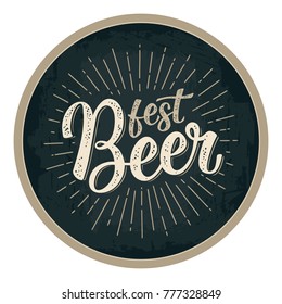Fest Beer calligraphic lettering with rays. Advertising design for coaster. Vector vintage engraving illustration on dark circle