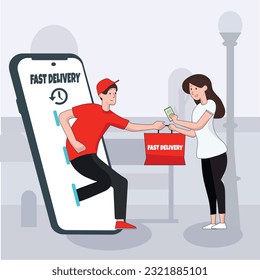 Fest delivery from big screen, cash payment. Vector illustration. EPS10