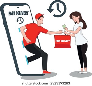 Fest delivery, cash payment. Man appeared from phone in red and gives the woman a bag. She gives him money. Vector illustration. EPS10