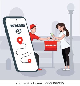 Fest delivery everywhere, cash payment. Man appeared from the phone in red t-short and gives the woman a bag. She gives him money back. Location on the screen. Vector illustration. EPS10