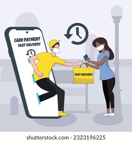 Fest delivery everywhere with safe mask protection, card payment. Man appeared from phone in yellow t-short and gives the woman a bag. She gives him money back. Vector illustration. EPS10