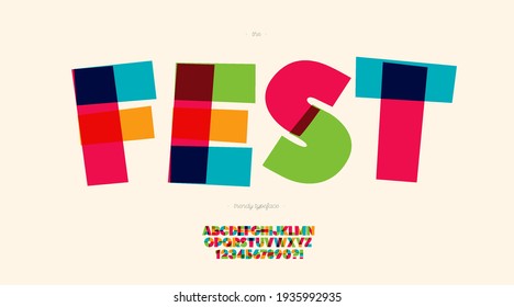 Fest font color style for t shirt, party poster, kids book, flier, decoration, card, sale banner, printing on fabric, industrial. Cool typeface. Trendy alphabet. Vector 10 eps