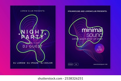 Fest Magazine. Night Club Flyer. Violet Discotheque Event. Techno Festival Template. Electro Vector. Psychedelic Audio Illustration. Blue Sound Banner. Pink Fest Magazine