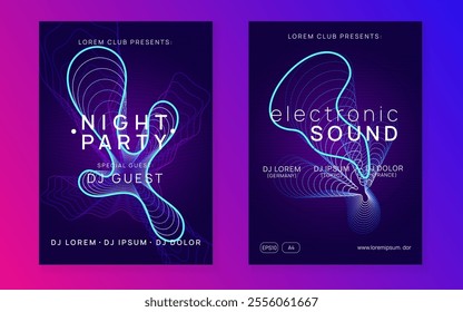 Fest Set. Music Electro Graphic. Soundwave Radio Invitation. Violet Techno Background. Blue Dj Poster. Concert Vector. Dance Banner. Green Fest Set