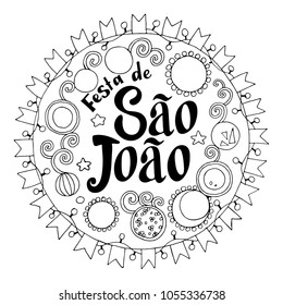 Festa de Sao Joao black label summer holiday calligraphic poster, illustration. Vector firework carnaval background with festival flags.