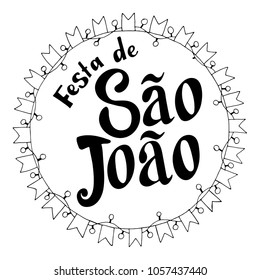 Festa de Sao Joao black label summer holiday calligraphic poster, illustration. Vector firework carnaval background with festival flags.