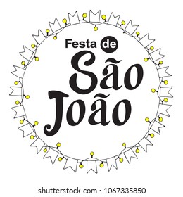 Festa de Sao Joao black label summer holiday calligraphic poster, illustration. Vector firework carnaval background with festival flags.