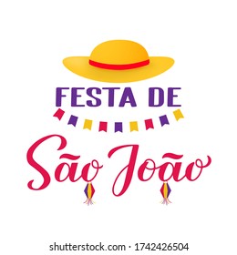 Festa de Sao Joao calligraphy  hand lettering with paper lanterns. flags on and yellow hat. Brazil June holiday Festa Junina. Vector template for typography poster, banner, invitation, flyer, etc.