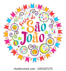 Festa de Sao Joao colorful label summer holiday calligraphic poster, illustration. Vector firework carnaval background with festival flags.