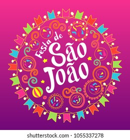 Festa de Sao Joao colorful label summer holiday calligraphic poster, illustration. Vector firework carnaval background with festival flags.