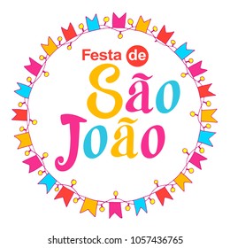 Festa de Sao Joao colorful label summer holiday calligraphic poster, illustration. Vector firework carnaval background with festival flags.