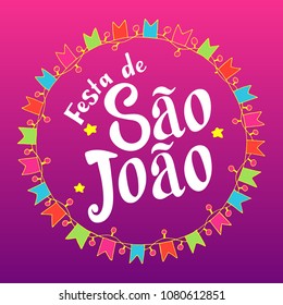 Festa de Sao Joao colorful label summer holiday calligraphic poster, illustration. Vector firework carnaval background with festival flags.