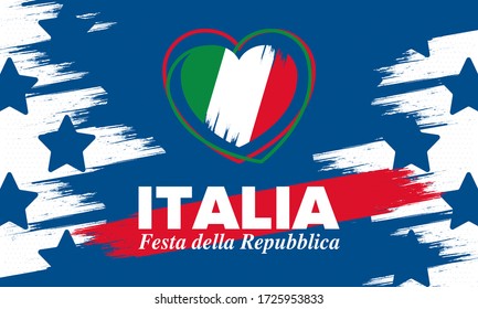 Festa della Repubblica Italiana. Text in italian: Italian Republic Day. Happy national holiday. Celebrated annually on June 2 in Italy. Italy flag. Patriotic design. Vector poster