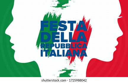 Festa della Repubblica Italiana. Text in italian: Italian Republic Day. Happy national holiday. Celebrated annually on June 2 in Italy. Italy flag. Patriotic design. Vector poster