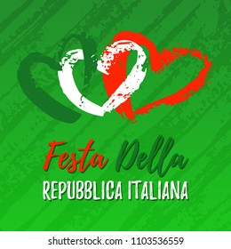 Festa Della Republica Italiana greeting banner. Abstract Italian flag with hand draw hearts. National Republic Italy banner to 2 June Holiday. Vector Illustration EPS 10 file