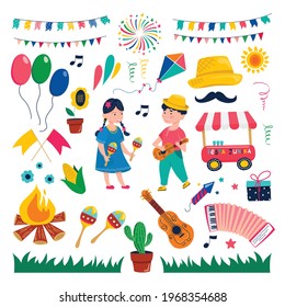 Festa Janina set. Vector collection of elements for the national Brazilian festival.