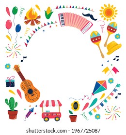 Festa Janina set of vector elements isolated on the background. Bonfire, maracas, accordion, guitar, garland, flags, characters, corn, balls, fireworks, firecracker.