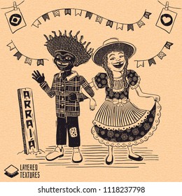 Festa Junina - Arraia (means village, also name June Parties) - Happy multiracial hick couple - Brazilian June Party with diversity - Detailed vector for june party themes. Removable wood texture.