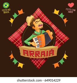 Festa Junina - Arraia (means village, also name Brazilian June Parties) - Accordion player logo - Made in Brazil, Made with love - Creative vector cartoon logo for june party themes